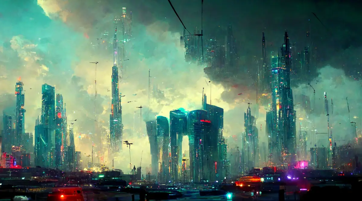 Picture depicting dytopian polluted cityscape