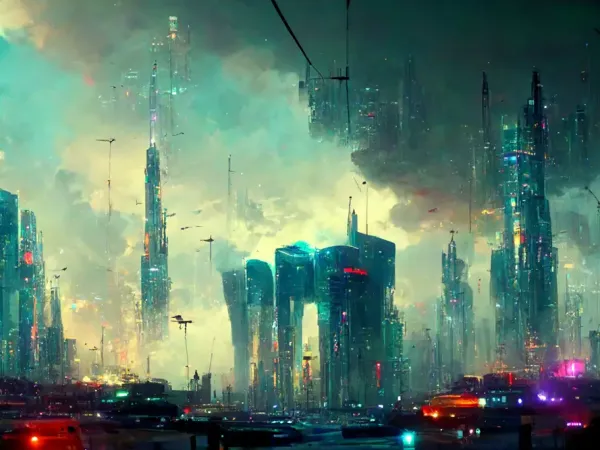 Picture depicting dytopian polluted cityscape
